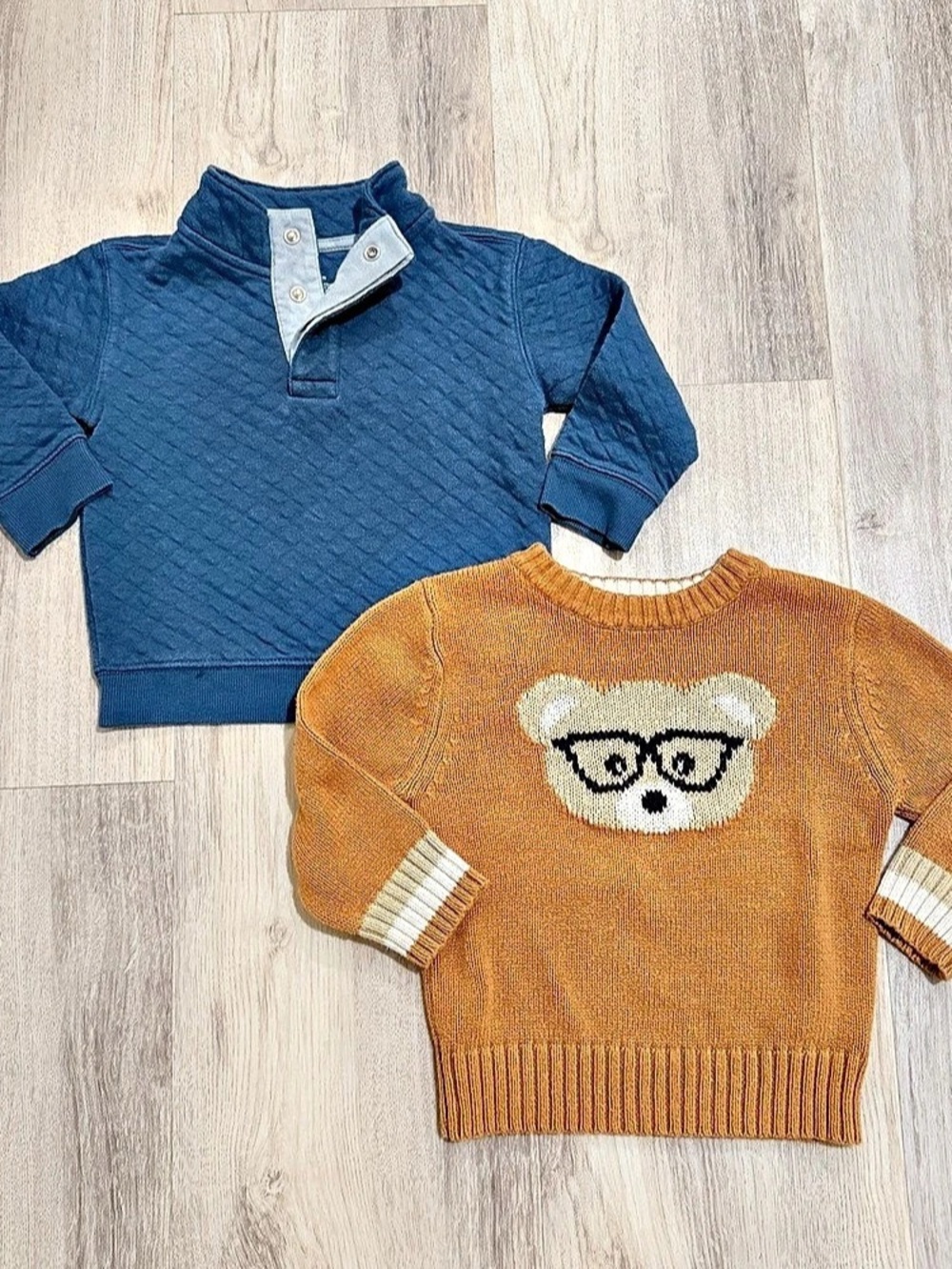 Cat & Jack Bear Glasses Sweater Baby 18M Sweater 2-Piece Bundle Camel Brown & Bl